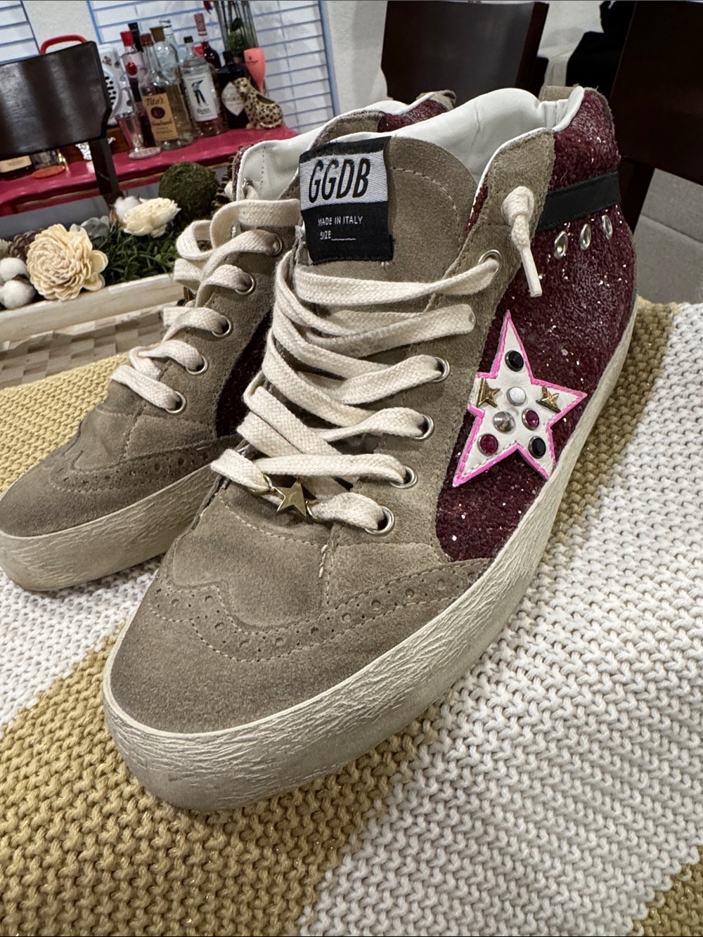 Golden goose custom Women’s Beige Suede & Burgundy Star High-Top Sneaker